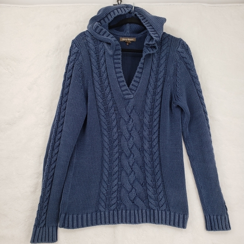 Tommy Bahama sweater Women Unisex medium blue 100% cotton coastal fisherman Hood